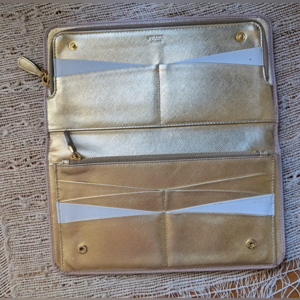 Prada • Saffiano Leather Bi-fold Zip Organizer Wallet in Taupe w/ Gold Interior